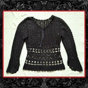 Vintage Y2K? Black Cotton Crochet Chenille Bell Sleeve Sweater